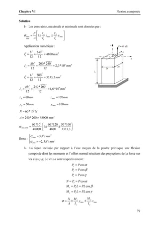 Chapitre VI Flexion composée
79
Solution
1- Les contrainte, maximale et minimale sont données par :
max max max
2 2
min
1 p p
y z
z y
F
z y
A i i
σ
 
= ± ±
 
 
 
Application numérique :
2 2
2 2
240
4800
12 12
y
b
i mm
= = =
3
3
8 4
200*240
2,3*10
12 12
y
hb
I mm
= = =
2
2
2 2
200
3333,3
12 12
z
h
i mm
= = =
3
3
8 4
240*200
1,6*10
12 12
z
bh
I mm
= = =
60
p
z mm
= max 120
z mm
=
50
p
y mm
= max 100
y mm
=
3
60*10
N N
=
2
240*200 48000
A mm
= =
3
max,min
60*10 60*120 50*100
1
48000 4800 3333,3
σ
 
= ± ±
 
 
Donc :
2
max
2
min
5 /
2,5 /
N mm
N mm
σ
σ
 =


= −


2- La force inclinée par rapport à l’axe moyen de la poutre provoque une flexion
composée dont les moments et l’effort normal résultant des projections de la force sur
les axes y-y, z-z et x-x sont respectivement :
cos
cos
cos
x
y
z
P P
P P
P P
α
β
γ
=
=
=
cos
cos
cos
x
z y
y z
N P P
M P L PL
M P L PL
α
β
γ
= =
= =
= =
max max
y
z
z y
M
M
N
y z
A I I
σ = ± ±
 