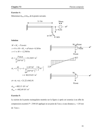 Chapitre VI Flexion composée
81
L=1m
a =0,2m
30mm
z
P=3kN
α=30°
Exercice 4 :
Déterminer σmax et σmin de la poutre suivante.
Solution
cos
0 sin 0,3
2,29
y
y
M M P x
x M M aP kNm
x l M kNm
α
α
= −
= ⇒ = = =
= ⇒ = −
( )
2
1
2
sin
21,22 /
30*10
4
P
kN m
α
σ
π −
= =
( )
3
2
2 2
2
2
2,29*10 30
10
2
30*10
64
863,91 /
x
y
M
y
I
kN m
σ
π
−
−
 
= ± = ±  
 
= ±
1 2 21,22 863,91
σ σ σ
= + = ±
2
max
2
min
885,13 /
842,69 /
kN m
kN m
σ
σ
=
= −
Exercice 5:
La section de la poutre rectangulaire montrée sur la figure ci après est soumise à un effet de
compression excentré P= 2500 kN appliqué en un point de l’axe y à une distance ey =120 mm
de l’axe z.
0,3
2,29
z
Pcosα
Psinα
My=aPsinα
z
Pcosα
My
 