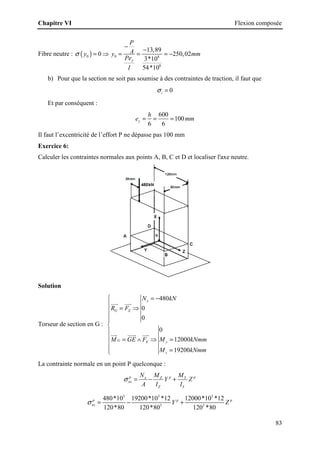 Chapitre VI Flexion composée
83
Fibre neutre : ( )
0 0 8
8
13,89
0 250,02
3*10
54*10
y
P
A
y y mm
Pe
I
σ
−
−
= ⇒ = = = −
b) Pour que la section ne soit pas soumise à des contraintes de traction, il faut que
0
i
σ =
Et par conséquent :
600
100
6 6
y
h
e mm
= = =
Il faut l’excentricité de l’effort P ne dépasse pas 100 mm
Exercice 6:
Calculer les contraintes normales aux points A, B, C et D et localiser l'axe neutre.
Solution
Torseur de section en G :
480
0
0
0
12000
19200
x
G E
G E y
z
N kN
R F
M GE F M kNmm
M kNmm
 = −

= ⇒





 = ∧ ⇒ =

 =

 

 
 
La contrainte normale en un point P quelconque :
p p p
x Z Y
xx
Z Y
N M M
Y Z
A I I
σ = − +
3 3 3
3 3
480*10 19200*10 *12 12000*10 *12
120*80 120*80 120 *80
p p p
xx Y Z
σ = − +
 