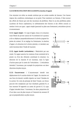 Chapitre I Généralité
6
I.3) SCHEMATISATION DES LIAISONS (réaction d’appui)
Une structure est reliée au monde extérieur par un certain nombre de liaisons. Une liaison
impose des conditions cinématiques en un point. Pour maintenir ces liaisons, il faut exercer
des efforts de liaison qui sont des inconnues du problème. Dans le cas des problèmes plans
(systèmes de forces coplanaires), la schématisation des liaisons et des efforts exercés se
ramène à trois cas types : appui simple (ponctuel ou plan sans frottement), articulation (pivot)
et encastrement.
I.3.1) Appui simple : Ce type d’appui, laisse à la structure
toute liberté de pivoter autour de O (extrémité de la poutre)
et de se déplacer perpendiculairement à la droite joignant les
points de contact. Si on néglige les frottements, la réaction
d’appui a la direction de la droite précitée, et introduit une
seule inconnue dans l’étude de la poutre.
I.3.2) Appui double (articulation) : Matérialisé par une
rotule. Cet appui autorise les rotations d’une extrémité de la
poutre ou d’un des éléments constituant la structure. La
direction de la réaction R est inconnue, mais la ligne
d’action passe par le centre de l’articulation. L’articulation
introduit 2 inconnues, par exemple les projections sur deux
directions du plan moyen.
I.3.3) Encastrement : L’encastrement interdit tout
déplacement de la section droite de l’appui. Sa réaction est
une force de densité variable répartie sur toute l’étendue de
la section. En vertu du principe de Saint Venant, ces forces
peuvent être remplacées par leur résultante générale R, et
leur moment M rapportés au centre de gravité G. Ce type
d’appui introduit donc 3 inconnues, les deux projections de
R sur deux axes du plan moyen et l’intensité du moment M
qui est perpendiculaire au plan moyen.
 