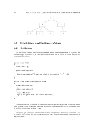 76                                           ´
                 CHAPITRE 4. LES CONCEPTS D’HERITAGE ET DE POLYMORPHISME


                                                     A




                                         B                           C




                       D             E               F                   G




4.3     Red´ﬁnition, surd´ﬁnition et h´ritage
           e             e            e

4.3.1    Red´ﬁnition
            e

   La red´ﬁnition consiste ` re-´crire une m´thode d´ﬁnit dans la super-classe et ` changer son
         e                 a    e           e       e                             a
comportement. Le nombre et le type des arguments ainsi que la valeur de retour doivent ˆtree
exactement les mˆmes.
                e



public class Point
{
  private int x,y;
  ...
  public void affiche()
  {
    System.out.println("Je suis un point de coordonn´es "+x+" "+y);
                                                    e
  }
}

public class PointCouleur extends Point
{
  private byte couleur;
  ...
  public void affiche()
  {
    super.affiche();
    System.out.println("   de couleur "+couleur);
  }
}


   Lorsque l’on utilise la m´thode affiche d’un objet de type PointCouleur, la m´thode d´ﬁnie
                            e                                                   e       e
dans la classe PointCouleur est appliqu´e, sinon pour un objet de type Point uniquement c’est
                                        e
la m´thode d´ﬁnie dans la classe Point.
    e         e

    Imaginons que nous ayons une hi´rarchie de classe avec plusieurs d´rivations successives. Dans
                                     e                                e
la classe la plus “´lev´e” une m´thode f et d´ﬁnie et cette m´thode est red´ﬁnie dans certaines de
                   e e          e            e               e             e
ses sous-classes.
 
