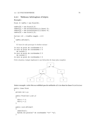 4.4. LE POLYMORPHISME                                                               79

4.4.1    Tableaux h´t´rog`nes d’objets
                   e e   e
Exemple :
Point [] tabPts = new Point[4];

tabPts[0]   =   new   Point(0,2);
tabPts[1]   =   new   PointCouleur(1,5,(byte) 2);
tabPts[2]   =   new   PointCouleur(2,3,(byte) 4);
tabPts[3]   =   new   Point(1,2);

for(int i=0 ; i<tabPts.length ; i++)
{
  tabPts.affiche();
}
   Ce bout de code provoque le r´sultat suivant :
                                e
Je suis un point       de coordonn´es 0 2
                                  e
Je suis un point       de coordonn´es 1 5
                                  e
   de couleur 2
Je suis un point       de coordonn´es 2 3
                                  e
   de couleur 4
Je suis un point       de coordonn´es 1 2
                                  e
Cette situation s’adapte ´galement ` une hi´rarchie de classe plus complexe.
                         e         a       e

                                                    A




                                         B                          C




                         D           E              F                   G



Autre exemple : cette fois on red´ﬁnit pas de m´thode affiche dans la classe PointCouleur
                                 e             e
public class Point
{
  private int x,y;

  public Point(int x,int y)
  {
    this.x = x;
    this.y = y;
  }

  public void affiche()
  {
    identifie();
    System.out.println(" de coordonn´es "+x+" "+y);
                                    e
  }
 