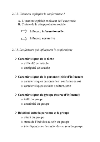 2.1.2. Comment expliquer le conformisme ?

     A. L’unanimité plaide en faveur de l’exactitude
     B. Crainte de la désapprobation sociale

              Influence informationnelle

              Influence normative


2.1.3. Les facteurs qui influencent le conformisme

     Caractéristiques de la tâche
       o difficulté de la tâche
       o ambiguïté de la tâche

     Caractéristiques de la personne (cible d’influence)
       o caractéristiques personnelles : confiance en soi
       o caractéristiques sociales : culture, sexe

     Caractéristiques du groupe (source d’influence)
       o taille du groupe
       o unanimité du groupe

     Relations entre la personne et le groupe
       o attrait du groupe
       o statut de l’individu au sein du groupe
       o interdépendance des individus au sein du groupe
 