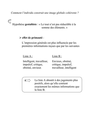 Comment l’individu construit une image globale cohérente ?



 Hypothèse gestaltiste : « Le tout n’est pas réductible à la
                           somme des éléments. »


          effet de primauté :
         L’impression générale est plus influencée par les
         premières informations reçues que par les suivantes


          Liste A :                   Liste B :
          Intelligent, travailleur,   Envieux, obstiné,
          impulsif, critique,         critique, impulsif,
          obstiné, envieux            travailleur, intelligent



                      La liste A aboutit à des jugements plus
                      positifs, alors qu’elle contient
                      exactement les mêmes informations que
                      la liste B.
 