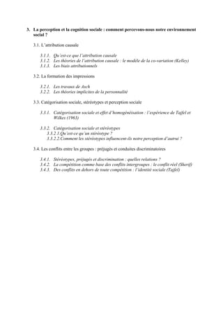 3. La perception et la cognition sociale : comment percevons-nous notre environnement
   social ?

   3.1. L’attribution causale

      3.1.1. Qu’est-ce que l’attribution causale
      3.1.2. Les théories de l’attribution causale : le modèle de la co-variation (Kelley)
      3.1.3. Les biais attributionnels

   3.2. La formation des impressions

      3.2.1. Les travaux de Asch
      3.2.2. Les théories implicites de la personnalité

   3.3. Catégorisation sociale, stéréotypes et perception sociale

      3.3.1. Catégorisation sociale et effet d’homogénéisation : l’expérience de Tajfel et
             Wilkes (1963)

      3.3.2. Catégorisation sociale et stéréotypes
          3.3.2.1.Qu’est-ce qu’un stéréotype ?
          3.3.2.2.Comment les stéréotypes influencent-ils notre perception d’autrui ?

   3.4. Les conflits entre les groupes : préjugés et conduites discriminatoires

      3.4.1. Stéréotypes, préjugés et discrimination : quelles relations ?
      3.4.2. La compétition comme base des conflits intergroupes : le conflit réel (Sherif)
      3.4.3. Des conflits en dehors de toute compétition : l’identité sociale (Tajfel)
 