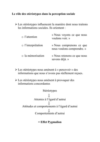 Le rôle des stéréotypes dans la perception sociale


    Les stéréotypes influencent la manière dont nous traitons
    les informations sociales. Ils orientent :

                                   « Nous voyons ce que nous
       o l’attention               voulons voir. »

       o l’interprétation          « Nous comprenons ce que
                                   nous voulons comprendre. »

       o la mémorisation           « Nous retenons ce que nous
                                   savons déjà. »


    Les stéréotypes nous amènent à « percevoir » des
    informations que nous n’avons pas réellement reçues.

    Les stéréotypes nous amènent à provoquer des
    informations concordantes

                            Stéréotypes

                 Attentes à l’égard d’autrui

        Attitudes et comportements à l’égard d’autrui

                  Comportements d’autrui

                       = Effet Pygmalion
 