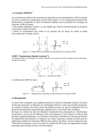 Electronique de Puissance & SimPowerSystems (Matlab/Simulink)
10
-Le transistor MOSFET
Les constructeurs réalisent des transistors de puissance (ou de commutation) à effet de champ.
Ce sont en général des composants à grille isolée, figure 1.5. Ces composants permettent des
performances comparables à celles du transistor bipolaire tout en profitant des avantages du
transistor à effet de champ :
• Très grande impédance d’entrée ; ce qui signifie que l’état du fonctionnement du transistor
est fixé par la tension d’entrée.
• Durée de commutation très courte et en principe pas de temps de retard ni temps
d’évacuation de la charge stockée.
Figure. 2.5 – Représentation symbolique et caractéristique d’un transistor IGBT.
-IGBT ("insulated gate bipolar transistor").
Un transistor IGBT est le mariage d’un transistor bipolaire et un transistor à effet de champ comme montré dans
les figures suivantes :
Figure. 2.6 – Principe d’un IGBT
Le schéma d’un IGBT est alors :
Figure. 2.7 – Représentation symbolique et caractéristique d’un transistor IGBT.
2.3 Récapitulatif
Le choix d’un composant sera en général dicté par le mode de commande souhaité, la tension
de blocage nécessaire, la fréquence de commutation désirée et dans une moindre proportion,
du courant à conduire. On trouve encore des différences pour un type de composant selon un
point de fonctionnement donné (blocage, rapidité) ceux-ci est résumé dans le tableau.
De façon à se donner une idée des domaines d’application des composants de l’électronique
de puissance, ceux-ci ont été référencés (liste non exhaustive !) sur la figure 2.8 dans le plan
puissance apparente/fréquence. Les domaines d’utilisation s’étendent de la dizaine de Hz pour
les applications fonctionnant à la fréquence du réseau à plusieurs centaines de kHz pour les
applications utilisant les transistors MOS les plus rapides. De même, on peut s’apercevoir que
l’intervalle de puissance va du VA jusqu’à la centaine de MVA pour les applications les plus
puissantes (par exemple les fours à arc électriques).
 