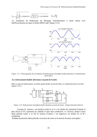 Electronique de Puissance & SimPowerSystems (Matlab/Simulink)
22
2 2
0
0
1 1
. .sin( . ). (1 cos2 )
2
T
M
eff M
V
V V t dt t d t
T
π
ω ω ω
π
= = −
∫ ∫ 2
M
eff
V
V =
La simulation du Redresseur du Montage Transformateur à point milieu avec
SimPowerSystem est dans le fichier RD2T.mdl (figure 3.12)
Figure. 3.15 – Chronogramme de la simulation du Redressement monophasé double alternance à Transformateur
point milieu
-Le redressement double alternance en pont de Graëtz
Dans ce type de redressement, on utilise quatre diodes au lieu de deux. Le schéma devient le suivant
(figure 3.16 ) :
Figure. 3.16 –Redressement monophasé double alternance en pont de Graetz– Charge fortement inductive
Lorsque la tension e est positive (entre 0 et π ), les diodes D1 (potentiel d’anode le
plus élevé) et D’2 (potentiel de cathode le plus bas) conduisent. A l’inverse, durant l’autre
demi période (entre π et 2π) la tension d’entrée e est négative), les diodes D2 et D’1
conduisent.
Pendant la première demi-période, la tension de sortie et la tension d’entrée sont égales :
0 0.01 0.02 0.03 0.04
-200
0
200
t(sec)
Uw1: Saturable Transformer
0 0.01 0.02 0.03 0.04
-100
0
100
UR: Series RLC Branch1
0 0.01 0.02 0.03 0.04
-1
0
1
t(sec)
IR
 