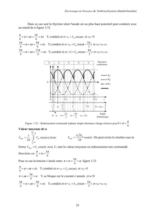 Electronique de Puissance & SimPowerSystems (Matlab/Simulink)
35
Dans ce cas seul le thyristor dont l'anode est au plus haut potentiel peut conduire avec
un retard de α figure 3.32
5
)
6 6
t
π π
α ω α
+ < < + T1 conduit et u= 1 sin( )
m
e V t
ω
= et vD=0
5 9
)
6 6
t
π π
α ω α
+ < < + T2 conduit et u= 2
2
sin( )
3
m
e V t
π
ω
= − et vD=e1-e2
9 13
)
6 6
t
π π
α ω α
+ < < + T3 conduit et u=
4
3 sin( )
3
m
e V t
π
ω
= − et vD=e1-e3
Figure. 3.32 – Redressement commandé triphasé simple alternance charge résistive pour 0
6
π
α
< <
Valeur moyenne de u
5
6
6
3
. .sin( . ). ( )
2
moy m
V V t d t
π
α
π
α
ω ω
π
+
+
= ∫
3 3
cos( ).
2
m
moy
V
V α
π
= On peut écrire le résultat sous la
forme cos( )
moy c
V U α
= avec Uc tant la valeur moyenne en redressement non commandé.
Deuxième cas
5
6 6
π π
α
< <
Pour ce cas la tension s’anule entre
5
6
π
π α α
< < + figure 3.33
)
6
t
π
α ω π
+ < < T1 conduit et u= 1 sin( )
m
e V t
ω
= et vD=0
5
6
t
π
π ω α
< < + T1 se bloque car le courant s’annule et u=0
5 9
)
6 6
t
π π
α ω α
+ < < + T2 conduit et u= 2
2
sin( )
3
m
e V t
π
ω
= − et vD=e1-e2
 