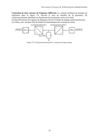 Electronique de Puissance & SimPowerSystems (Matlab/Simulink)
75
Connexion de deux réseaux de fréquence différente. Le schéma unifilaire de principe est
représente dans la figure 7.9. Suivant le sens de transfert de la puissance, les
cycloconvertisseurs absorbent ou fournissent de la puissance active à la sortie.
La base HF procure les signaux de fréquence élevée à l'entrée de chaque cycloconvertisseur.
Les filtres, eux, ont pour rôle de réduire les harmoniques des courants de sortie.
Figure 7.9- Cycloconvertisseurs pour la connexion de deux réseaux
 