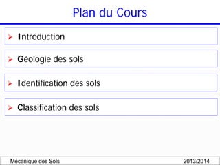 Plan du Cours
 Introduction
 Identification des sols
 Géologie des sols
 Classification des sols
Mécanique des Sols 20...