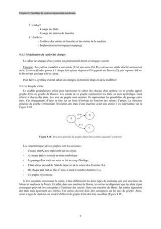 Chapitre 9 : Synthèse de systèmes séquentiels synchrones
6
3 : Codage
- Codage des états
- Codage des entrées de bascules
4 : Synthèse
- Synthèse des entrées de bascules et des sorties de la machine
- Implantation technologique (mapping)
9.3.1. Modélisation du cahier des charges
Le cahier des charges d'un système est généralement donné en langage courant.
Exemple : Le système considéré a une entrée (E) et une sortie (S). Il reçoit sur son entrée des bits arrivant en
série. La sortie (S) doit passer à 1 chaque fois qu'une séquence 010 apparaît sur l'entrée (E) puis repasser à 0 sur
le bit suivant quel que soit sa valeur.
Pour faire la synthèse d'un tel cahier des charges, la première étape est de le modéliser.
9.3.1.a. Graphe d’état
Le modèle généralement utilisé pour représenter le cahier des charges d'un système est un graphe appelé
graphe d'état ou graphe de fluence. Les nœuds de ce graphe représentent les états, un nom symbolique étant
affecté à chacun des états. Les arcs du graphe sont orientés. Ils représentent les possibilités de passage entre
états. Ces changements d’états se font sur un front d’horloge en fonction des valeurs d’entrée. La structure
générale du graphe représentant l'évolution des états d’une machine ayant une entrée E est représentée sur la
Figure 9.10.
A
C
B
E=0
E=1
Figure 9.10. Structure générale du graphe d'état d'un système séquentiel synchrone
Les caractéristiques de ces graphes sont les suivantes :
- Chaque état (Qi) est représenté par un cercle,
- A chaque état est associé un nom symbolique
- Le passage d'un état à un autre se fait au coup d'horloge,
- L'état atteint dépend de l'état de départ et de la valeur des d'entrées (Ei),
- De chaque état part au plus 2n
arcs, n étant le nombre d'entrées (Ei),
- Ce graphe est connexe.
Si l'on considère maintenant la sortie, il faut différencier les deux types de machines que sont machines de
Moore et machines de Mealy. En effet, dans une machine de Moore, les sorties ne dépendent que des états et par
conséquent peuvent être consignées à l'intérieur des cercles. Dans une machine de Mealy, les sorties dépendent
des états mais également des entrées. Ces sorties doivent donc être consignées sur les arcs du graphe. Ainsi,
selon le type de machine, un modèle différent de graphe d'état doit être considéré (Figure 9.11).
 