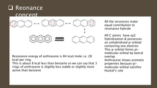  Reonance
concept
All the structures make
equal contribution to
resonance hybride
Resonance energy of anthracene is 84 kcal/mole i.e. 28
kcal/per ring
This is about 8 kcal less than benzene so we can say that 3
rings of anthracene is slightly less stable or slightly more
active than benzene
All C atoms have sp2
hybridization & possesses
an unhybridised p-orbital
containing one electron
This p-orbital forms pi-
molecular orbital by lateral
overlap
Anthracene shows aromatic
properties because pi-
molecular orbital satisfies
Huckel’s rule
 