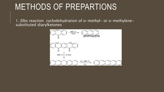 METHODS OF PREPARTIONS
1. Elbs reaction cyclodehydration of o-methyl- or o-methylene-
substituted diarylketones
anthracene
 