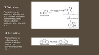  Oxidation
Phenanthrene on
oxidation with chromic
acid in acetic acid yields
phenanthraquinone
which on futher
oxidation gives diphenic
acid
 Reduction
Phenanthrene on
reduction with
sodium & alcohol
form 9,10-
dihydrophenanthre
ne
 