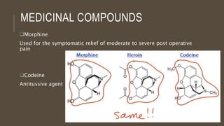 MEDICINAL COMPOUNDS
Morphine
Used for the symptomatic relief of moderate to severe post operative
pain
Codeine
Antitussive agent
 