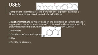 USES
 Important intermediates like benzophone, diphenyl carbinol &
fluorene can be prepared from diphenylmethane
 Diphenylmethane is widely used in the synthesis of luminogens for
aggregation-induced emission (AIE). It is used in the preparation of a
polymerization initiator, diphenylmethyl potassium (DPMK)
 Polymers
 Synthesis of acetaminophen
 Dye
 Synthetic steroids
 