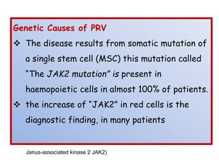 Janus-associated kinase 2 JAK2)
Genetic Causes of PRV
 The disease results from somatic mutation of
a single stem cell (MSC) this mutation called
“The JAK2 mutation” is present in
haemopoietic cells in almost 100% of patients.
 the increase of “JAK2” in red cells is the
diagnostic finding, in many patients
 