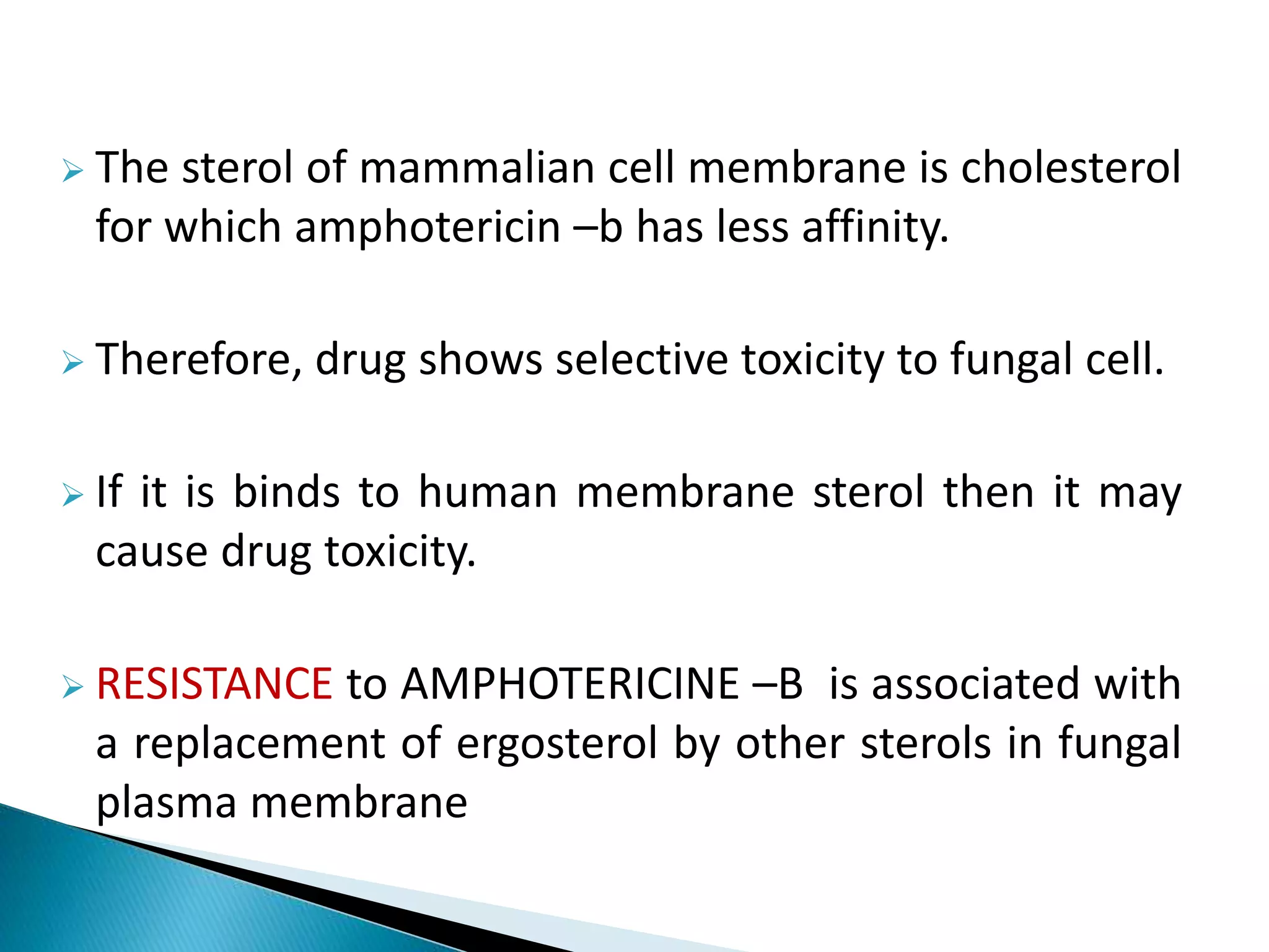  The sterol of mammalian cell membrane is cholesterol
for which amphotericin –b has less affinity.
 Therefore, drug shows selective toxicity to fungal cell.
 If it is binds to human membrane sterol then it may
cause drug toxicity.
 RESISTANCE to AMPHOTERICINE –B is associated with
a replacement of ergosterol by other sterols in fungal
plasma membrane
 
