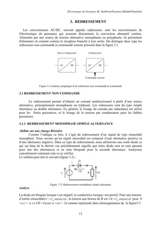 Electronique de Puissance & SimPowerSystems (Matlab/Simulink)
12
3. REDRESSEMENT
Les convertisseurs AC/DC, souvent appelés redresseurs, sont les convertisseurs de
l'électronique de puissance qui assurent directement la conversion alternatif continu.
Alimentés par une source de tension alternative monophasée ou polyphasée, ils permettent
d'alimenter en courant continu le récepteur branché à leur sortie. On distingue deux type les
redresseurs non commandé et commandé comme présenté dans la figure 3.1
Figure 3.1-schéma synaptique d’un redresseur non commandé et commandé
3.1 REDRESSEMENT NON COMMANDE
Le redressement permet d’obtenir un courant unidirectionnel à partir d’une source
alternative, principalement monophasée ou triphasée. Les redresseurs sont du type simple
alternance ou double alternance. En général, le lissage du courant par inductance est utilisé
pour les fortes puissances, et le lissage de la tension par condensateur pour les faibles
puissances
3.1.1 REDRESSEMENT MONOPHASE SIMPLE ALTERNANCE
-Débite sur une charge Résistive
Comme l’indique ce titre, il s’agit du redressement d’un signal de type sinusoïdal
monophasé. Nous savons qu’un signal sinusoïdal est composé d’une alternance positive et
d’une alternance négative. Dans ce type de redressement, nous utiliserons une seule diode ce
qui sur base de la théorie vue précédemment signifie que notre diode sera en sens passant
pour une des alternances et en sens bloquant pour la seconde alternance. Analysons
concrètement comment cela va se vérifier.
Le schéma peut être le suivant (figure 3.2) :
Figure. 3.2- Redressement monophasé simple alternance
Analyse
La diode est bloquée lorsque i est négatif, et conductrice lorsque i est positif. Pour une tension
d’entrée sinusoïdale sin( . ).mU V t dtω= , la tension aux bornes de R est sin( . ).mUR V t dtω= pour 0
<ω t < π, et UR= 0 pour π <ωt < 2π comme représenté dans chronogrammes de la figure3.3
 