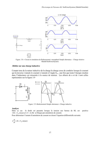 Electronique de Puissance & SimPowerSystems (Matlab/Simulink)
17
Figure. 3.8 – Circuit et simulation du Redressement monophasé Simple alternance - Charge résistive
Matlab/SimPowerSystem
-Débite sur une charge inductive
Compte tenu de la nature inductive de la charge la charge cesse de conduire lorsque le courant
qui la traverse s’annule le courant i s’annule à l’angle θext , une fois que toute l’énergie stockée
dans l’inductance est retournée à la source de tension. Les allures de u et de i sont celles
représentées sur la figure 3.9
Figure. 3.9 -Redressement Simple alternance - Charge inductive
Analyse
Dans ce cas la diode est passante lorsque la tension aux bornes de RL est positive
sin( . ). 0mURL V t dtω= ≥ et elle se bloque par annulation de courant.
Pour déterminer l’instant d’annulation de courant on résout l’équation différentielle suivante.
. sin( . )m
di
L Ri V t
dt
ω+ =
0 0.01 0.02 0.03 0.04
-200
0
200
t(sec)
U(V)
U: AC Voltage
0 0.01 0.02 0.03 0.04
-200
0
200
t(sec)
UR(V)
UR: R
0 0.01 0.02 0.03 0.04
-2
0
2
t(sec)
I(A)
IR: R
 