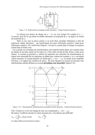 Electronique de Puissance & SimPowerSystems (Matlab/Simulink)
21
Figure. 3.13 –Redressement monophasé double alternance – Charge fortement inductive
La tension aux bornes de charge est u = Vm sin (ωt) lorsque D1 conduit et u = -
Vmsin(ωt) pour D2 ce qui donne le double alternance et la période de u est égale à la moitié
de la période de e1.
Dans ce cas, tout se passe comme si on avait deux montages identiques à celui du
redresseur simple alternance qui fonctionnent l'un pour l'alternance positive, l'autre pour
l'alternance négative. On vérifie bien (Figure3. 14) que le courant dans la charge est toujours
orienté dans le même sens
− Les courants au secondaire du transformateur sont respectivement égaux aux courants dans
les diodes (il est donc inutile de les tracer ici ). Par contre, du fait de leur forme, il faut, pour
obtenir le courant au primaire ip, utiliser les équations aux intensités du transformateur en
régime non sinusoïdal De ces équations on déduit que, comme les courants is1 et is2 ont même
valeur moyenne, le courant primaire est donné par ip = n(is1 − is2). en notant, pour simplifier
l'écriture, n le rapport des nombres de spires. De cette équation le courant au primaire d'un
transformateur parfait débitant un courant périodique non sinusoïdal (figure3.14)
Figure. 3.14 – Chronogramme du Redressement monophasé double alternance – Charge fortement inductive
N.B.: Comme is1 et is2 ont changé de sens, on a maintenant ip = n(is2 − is1).
De même, il suffit de calculer la valeur moyenne de u. On obtient sans difficulté
0
1
. .sin( . ). ( )moy MV V t d t
π
ω ω
π
= ∫
2 M
moy
V
V
π
=
La valeur efficace de la tension est donc :
 