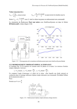 Electronique de Puissance & SimPowerSystems (Matlab/Simulink)
34
Valeur moyenne de u
1
. .sin( . ). ( )moy MV V t d t
π
α
ω ω
π
= ∫
2 (1 cos )
2
M
moy
V
V
α
π
+
= on peut écrire le résultat sous la
forme
1 cos
2
moy cV U
α+
= avec Uc tant la valeur moyenne en redressement non commandé.
La simulation du Redresseur Pont tout mixte avec SimPowerSystem est dans le fichier
RT2mixte.mdl et dans (figure 3.34)
Figure. 3.31 – Chronogramme de la simulation du Redressement pont mixte SimPowerSystem/Matlab
3.2.3 REDRESSEMENT TRIPHASÉ SIMPLE ALTERNANCE
Le montage (Fig. 32.12) redresse les courants entre les phases et le neutre. Les tensions d’entrées
simples triphasées s’écrivent :
1 sin( )me V tω= , 2
2
sin( )
3
me V t
π
ω= − , 3
4
sin( )
3
me V t
π
ω= − .
En comptant l’angle d’amorçage α à partir de la valeur pour laquelle une diode entrerait en
conduction dans le montage redresseur triphasé simple alternance non commandé. On déduit l'allure
de la tension de sortie u
Pour :
Premier cas 0
6
π
α< <
Figure. 3.31 – Redressement triphasé simple alternance charge résistive
0 0.005 0.01 0.015 0.02 0.025 0.03
-200
0
200
U: AC Voltage Source
0 0.005 0.01 0.015 0.02 0.025 0.03
-200
0
200
U: Series RL Load
0 0.005 0.01 0.015 0.02 0.025 0.03
-0.5
0
0.5
I: Series RL Load
 