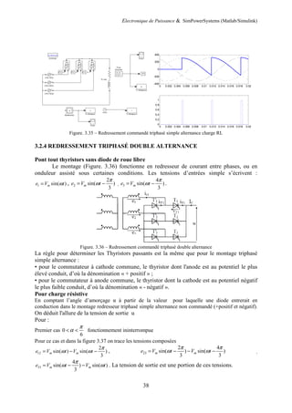 Electronique de Puissance & SimPowerSystems (Matlab/Simulink)
38
Figure. 3.35 – Redressement commandé triphasé simple alternance charge RL
3.2.4 REDRESSEMENT TRIPHASÉ DOUBLE ALTERNANCE
Pont tout thyristors sans diode de roue libre
Le montage (Figure. 3.36) fonctionne en redresseur de courant entre phases, ou en
onduleur assisté sous certaines conditions. Les tensions d’entrées simple s’écrivent :
1 sin( )me V tω= , 2
2
sin( )
3
me V t
π
ω= − , 3
4
sin( )
3
me V t
π
ω= − .
Figure. 3.36 – Redressement commandé triphasé double alternance
La règle pour déterminer les Thyristors passants est la même que pour le montage triphasé
simple alternance :
• pour le commutateur à cathode commune, le thyristor dont l'anode est au potentiel le plus
élevé conduit, d’où la dénomination « + positif » ;
• pour le commutateur à anode commune, le thyristor dont la cathode est au potentiel négatif
le plus faible conduit, d’où la dénomination « - négatif ».
Pour charge résistive
En comptant l’angle d’amorçage α à partir de la valeur pour laquelle une diode entrerait en
conduction dans le montage redresseur triphasé simple alternance non commandé (+positif et négatif).
On déduit l'allure de la tension de sortie u
Pour :
Premier cas 0
6
π
α< < fonctionnement ininterrompue
Pour ce cas et dans la figure 3.37 on trace les tensions composées
12
2
sin( ) sin( )
3
m me V t V t
π
ω ω= − − , 23
2 4
sin( ) sin( )
3 3
m me V t V t
π π
ω ω= − − − ,
31
4
sin( ) sin( )
3
m me V t V t
π
ω ω= − − . La tension de sortie est une portion de ces tensions.
0 0.002 0.004 0.006 0.008 0.01 0.012 0.014 0.016 0.018 0.02
-400
-200
0
200
400
0 0.002 0.004 0.006 0.008 0.01 0.012 0.014 0.016 0.018 0.02
0
0.2
0.4
0.6
0.8
1
 