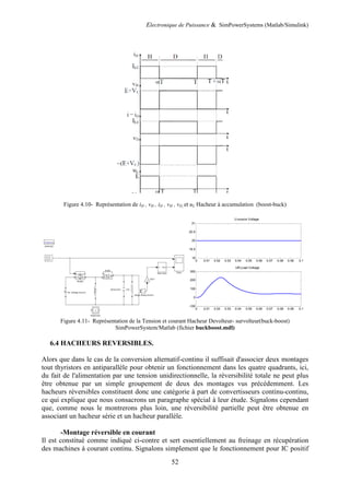 Electronique de Puissance & SimPowerSystems (Matlab/Simulink)
52
Figure 4.10- Représentation de iH , vH , iD , vH , vD, et uL Hacheur à accumulation (boost-buck)
Figure 4.11- Représentation de la Tension et courant Hacheur Devolteur- survolteur(buck-boost)
SimPowerSystem/Matlab (fichier buckboost.mdl)
6.4 HACHEURS REVERSIBLES.
Alors que dans le cas de la conversion alternatif-continu il suffisait d'associer deux montages
tout thyristors en antiparallèle pour obtenir un fonctionnement dans les quatre quadrants, ici,
du fait de l'alimentation par une tension unidirectionnelle, la réversibilité totale ne peut plus
être obtenue par un simple groupement de deux des montages vus précédemment. Les
hacheurs réversibles constituent donc une catégorie à part de convertisseurs continu-continu,
ce qui explique que nous consacrons un paragraphe spécial à leur étude. Signalons cependant
que, comme nous le montrerons plus loin, une réversibilité partielle peut être obtenue en
associant un hacheur série et un hacheur parallèle.
-Montage réversible en courant
Il est constitué comme indiqué ci-contre et sert essentiellement au freinage en récupération
des machines à courant continu. Signalons simplement que le fonctionnement pour IC positif
0 0.01 0.02 0.03 0.04 0.05 0.06 0.07 0.08 0.09 0.1
19
19.5
20
20.5
21
U:source Voltage
0 0.01 0.02 0.03 0.04 0.05 0.06 0.07 0.08 0.09 0.1
-100
0
100
200
300
UR;Load Voltage
 