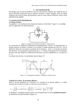 Electronique de Puissance & SimPowerSystems (Matlab/Simulink)
55
5. LES GRADATEURS
On désigne sous le nom de gradateurs tous les convertisseurs statiques qui, alimentés par un
réseau alternatif, fournissent une ou plusieurs tensions à valeur moyenne nulle, de même
fréquence que celle du réseau d'alimentation, mais de valeur efficace différente, celle-ci étant
habituellement réglable.
5.1 GRADATEUR MONOPHASE
a) Charge résistive.
Le gradateur est constitué de deux thyristors montés en "tête-bêche" figure 5.1 ou un triac
pour les applications de faible puissance
Figure 5.1- principe d’un Gradateur monophasé –charge résistive
Les intervalles de conduction s'obtiennent en remarquant que, comme i est proportionnel à u,
chaque thyristor se bloque à l'instant où u=0 (donc à chaque passage par zéro de e. On en
déduit les allures de u la tension aux bornes de la résistance et de vT la tension aux bornes
des thyristors. En remarquant en particulier que vT = e lorsque l'interrupteur [T;T'] est bloqué.
On peut noter que l'angle de conduction des thyristors, que nous appellerons α1, est égal ici à
π − α.
Les allures des tensions sont présentées dans la figure 5.2
Figure. 5.2 – chronogramme Gradateur monophasé - Charge résistive
Calcule de la valeur de la tension effective :
Dans le cas des gradateurs on s’intéresse à la variation de la tension efficace. La valeur
moyenne de la tension est nulle. La valeur de la tension effective:
( )
2
2
0
0
1 1 sin 2
. .sin( ) . (1 cos2 ) 1
2. 2 22
M M
eff M
V V
V V t d t t d t
π
π α α
ω ω ω ω
π π π π
= = − = − +∫ ∫
Le gradateur monophasé charge résistive est sauvegardé dans le fichier gradateur1p.mdl et
la simulation est représenté dans la figure 5.3
 