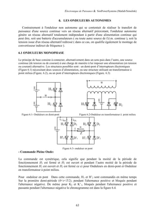 Electronique de Puissance & SimPowerSystems (Matlab/Simulink)
63
6. LES ONDULEURS AUTONOMES
Contrairement à l'onduleur non autonome qui se contentait de réaliser le transfert de
puissance d'une source continue vers un réseau alternatif préexistant, l'onduleur autonome
génère un réseau alternatif totalement indépendant à partir d'une alimentation continue qui
peut être, soit une batterie d'accumulateurs ( ou toute autre source de f.é.m. continue ), soit la
tension issue d'un réseau alternatif redressé ( dans ce cas, on qualifie également le montage de
convertisseur indirect de fréquence ).
6.1 ONDULEURS MONOPHASE
Le principe de base consiste à connecter, alternativement dans un sens puis dans l’autre, une source
continue (de tension ou de courant) à une charge de manière à lui imposer une alimentation (en tension
ou courant) alternative. Les structures possibles sont : un demi-pont d’interrupteurs électroniques
(Figure 6.1) nécessitant deux sources d’alimentation, ou une structure utilisant un transformateur à
point milieu (Figure. 6.2), ou un pont d’interrupteurs électroniques (Figure. 6.3)
Figure 6.1- Onduleurs en demi-pont Figure 6.2-Onduleur en transformateur à point milieu
Figure 6.3- onduleur en pont
- Commande Pleine Onde:
La commande est symétrique, cela signifie que pendant la moitié de la période de
fonctionnement H1 est fermé et H2 est ouvert et pendant l’autre moitié de la période de
fonctionnement H1 est ouvert et H2 est fermé ce ci pour Onduleurs en demi-pont et Onduleur
en transformateur à point milieu.
Pour onduleur en pont Dans cette commande, H1 et H’2 sont commandés en même temps
Sur la première demi-période (0<t<T/2), pendant l'alternance positive et bloqués pendant
l'alternance négative. De même pour K2 et K’1, bloqués pendant l'alternance positive et
passante pendant l'alternance négative le chronogramme est dans la figure 6.4.
 