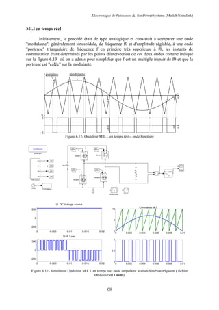 Electronique de Puissance & SimPowerSystems (Matlab/Simulink)
68
MLI en temps réel
Initialement, le procédé était de type analogique et consistait à comparer une onde
"modulante", généralement sinusoïdale, de fréquence f0 et d'amplitude réglable, à une onde
"porteuse" triangulaire de fréquence f en principe très supérieure à f0, les instants de
commutation étant déterminés par les points d'intersection de ces deux ondes comme indiqué
sur la figure 6.13 où on a admis pour simplifier que f est un multiple impair de f0 et que la
porteuse est "calée" sur la modulante.
Figure 6.12- Onduleur M.L.I. en temps réel-- onde bipolaire
Figure 6.12- Simulation Onduleur M.L.I. en temps réel onde unipolaire Matlab/SimPowerSystem ( fichier
OnduleurMLI.mdl )
0 0.005 0.01 0.015 0.02
-200
0
200
U: DC Voltage source
0 0.005 0.01 0.015 0.02
-200
0
200
U: R Load
0 0.002 0.004 0.006 0.008 0.01
0
5
10
Commande MLI
0 0.002 0.004 0.006 0.008 0.01
0
0.5
1
 