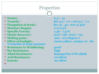 Properties
 Denier: 0.5 – 15
 Tenacity : dry 3.5 - 7.0 : wet 3.5 - 7.0
 Elongation at break : dry 15 - 45 : wet 15 45%
 Moisture Regain: 0.2-0.5%
 Specific Gravity: 1.36 - 1.41%
 Elastic Recovery : @2% =98 : @5% = 65
 Melting point : 260 - 270 degree C
 Effect of Sunlight : turns yellow, retains 70 - 80
% tenacity at long exposure
 Resistance to Weathering: good
 Rot Resistance: high
 Alkali Resistance: damaged by CON alkali
 Acid Resistance: excellent
 Insects: no effect

 