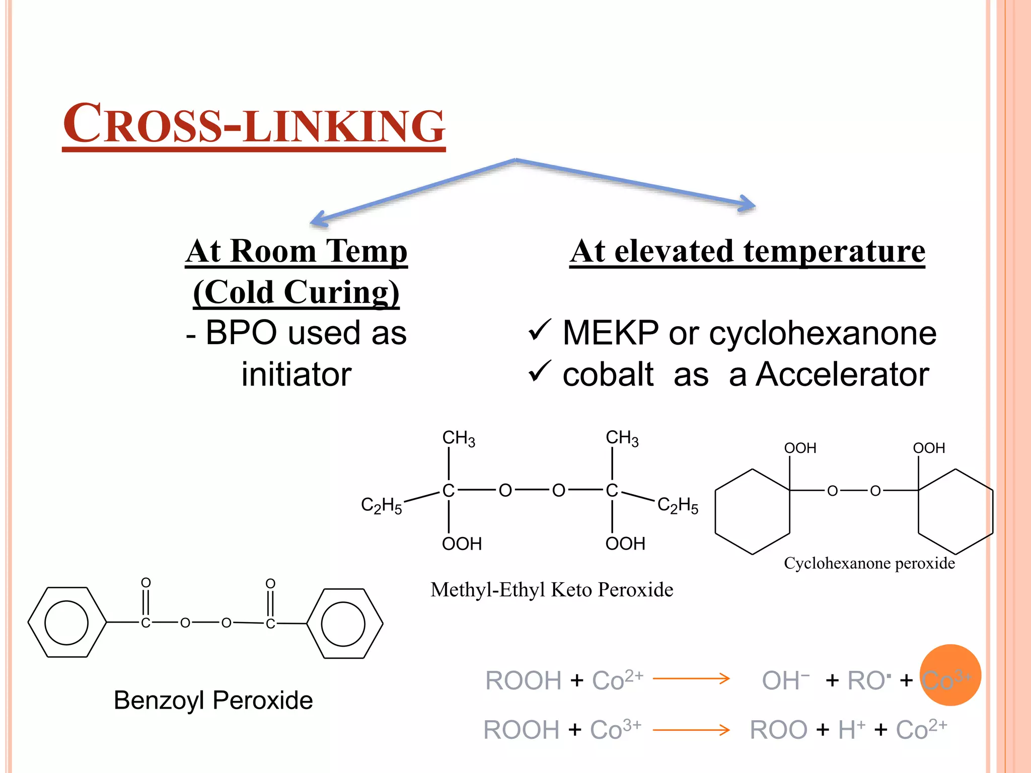 CROSS-LINKING
At Room Temp
(Cold Curing)
- BPO used as
initiator
At elevated temperature
 MEKP or cyclohexanone
 cobalt as a Accelerator
ROOH + Co2+ OH− + RO▪ + Co3+
ROOH + Co3+ ROO + H+ + Co2+
O O C
CH3
C2H5
OOH
C
CH3
C2H5
OOH
Methyl-Ethyl Keto Peroxide
O O
OOH OOH
Cyclohexanone peroxide
C
O
C
O
O O
Benzoyl Peroxide
 