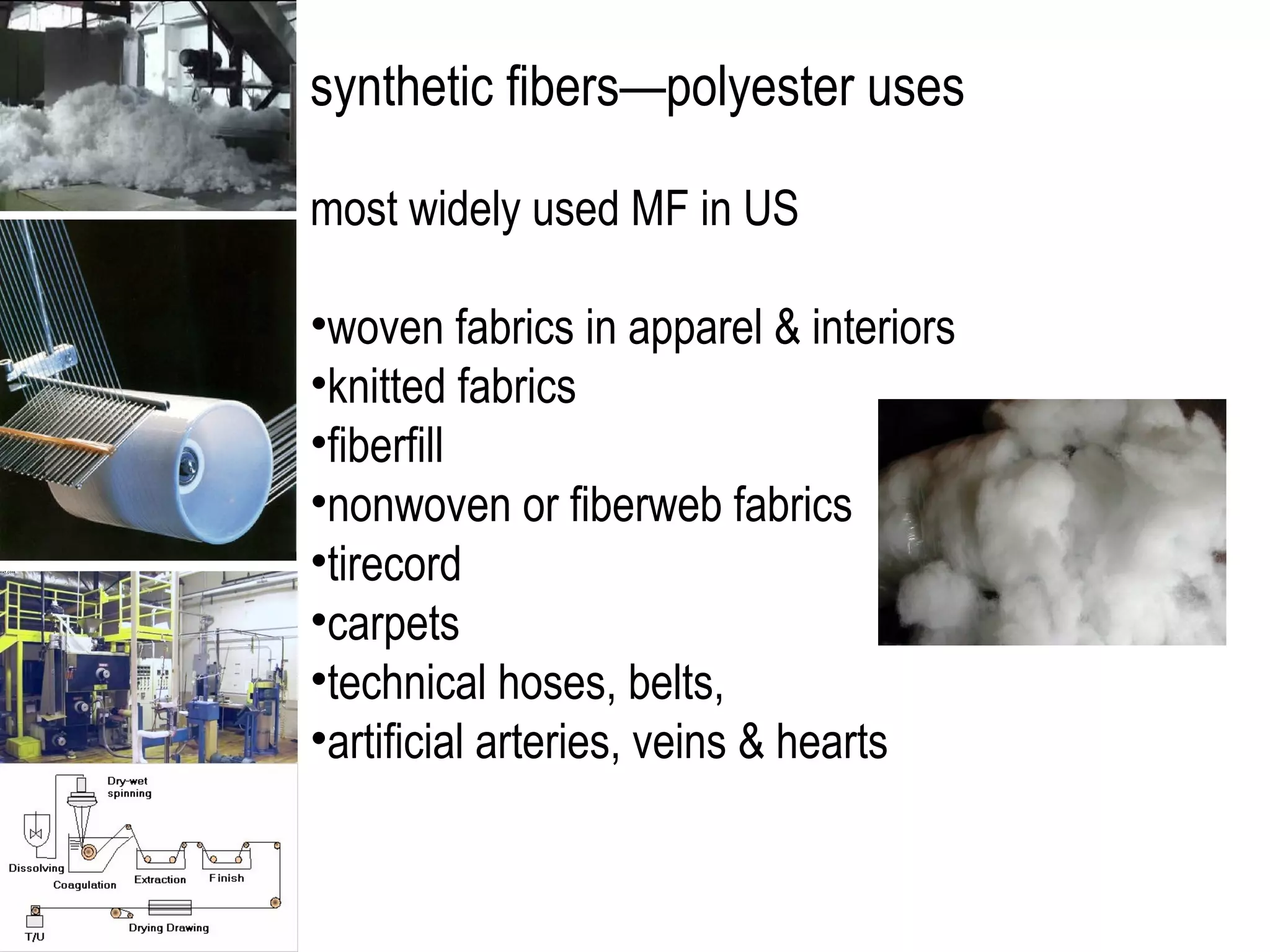 synthetic fibers—polyester uses
most widely used MF in US
•woven fabrics in apparel & interiors
•knitted fabrics
•fiberfill
•nonwoven or fiberweb fabrics
•tirecord
•carpets
•technical hoses, belts,
•artificial arteries, veins & hearts
 