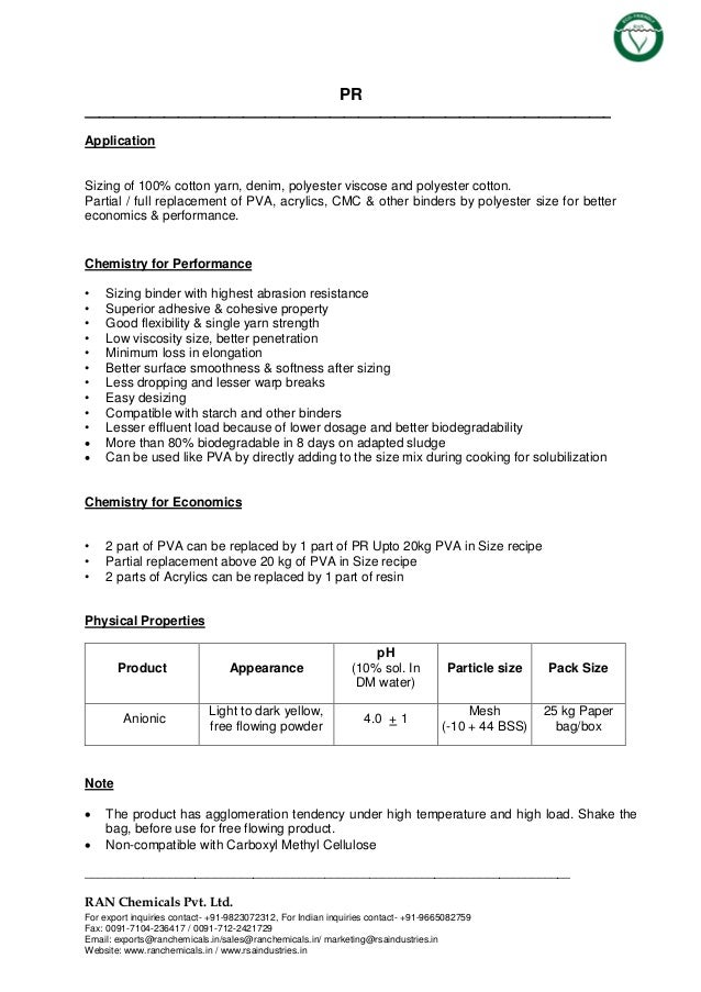 RAN Chemicals - Products - Textile - Sizing - Spun Yarn Sizing For Co…