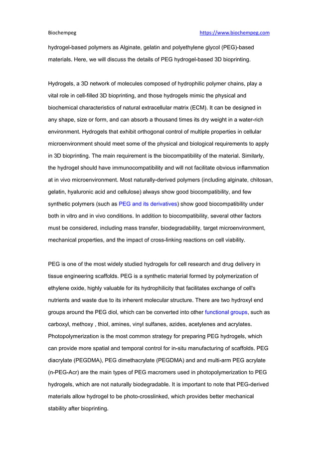 Polyethylene glycol (peg) hydrogel based 3 d bioprinting biochempeg