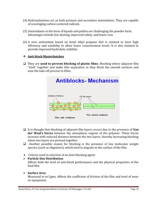 Kamal Batra, 4th Year Integrated Master of Science, IIT Kharagpur-721302 Page 14
(4) Hydroxylamines act as both primary and secondary antioxidants. They are capable
of scavenging carbon-centered radicals.
(5) Antioxidants in the form of liquids and pellets are challenging the powder form.
Advantages include low dusting, improved safety, and lower cost.
(6) A new antioxidant based on butyl ethyl propane diol is claimed to have high
efficiency and solubility to allow lower concentration levels. It is also claimed to
provide improved hydrolytic stability.
 Anti-block Masterbatches
 They are used to prevent blocking of plastic films. Blocking where adjacent film
“stick” together and make film separation or they block the smooth surfaces and
ease the take-off process in films.
 It is thought that blocking of adjacent film layers occurs due to the presence of Van
der Waal’s forces between the amorphous regions of the polymer. These forces
increase with reduced distance between the two layers, thereby increasing blocking
when two layers are pressed together.
 Another possible reason for blocking is the presence of low molecular weight
species (such as oligomers), which tend to migrate to the surface of the film.
 Criteria used in selection of an Anti-blocking agent:
 Particle Size Distribution
Affects both the level of anti-block performance and the physical properties of the
final film
 Surface Area
Measured in m2/gms. Affects the coefficient of friction of the film and level of wear
on equipment.
 