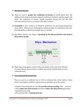 Kamal Batra, 4th Year Integrated Master of Science, IIT Kharagpur-721302 Page 19
 Slip Masterbatches
 They are used to modify the coefficient of friction of LLDPE plastic film. The
addition level of slip masterbatch depend on film type, thickness and the require slip
effect. The coefficient of friction rapidly decreases during the first day after
extrusion and level out to a constant value after 2-3 days.
 Erucamide is more stable so it should be preferred. For processing temperature
above 220oC . Effectiveness of slip agent is enhanced when in combination with anti-
blocking additives. Maximum storage time is 6 months.
 Slip Master batches also helps in speeding up the film production and ensures
the product quality.
 Major type of slip agents include: Fatty acid amides, Fatty acid esters, Metallic
stearates, Waxes, Fluorocarbons, Graphite. Erucamide and Oleomide are most
commonly used.
 Processing Aid Masterbatches
They are used at an addition rate of 1-2% to eliminate the surface defect, reduce
power consumption, facilitate output increase and plate out on die surface.
• Polymer Processing aids are used to ease the melt processing of the material.
• They reduce the melt viscosity and hence reduce the shear forces generated
during the processing.
• PPA used by GAIL is Calcium Stearate.
 