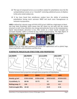 Kamal Batra, 4th Year Integrated Master of Science, IIT Kharagpur-721302 Page 9
 This type of compound serves as an excellent catalyst for polyethylene since the flat
cyclopentadienyl anions act as “clamshell” restricting unfettered access of ethylene
to the active metal catalyst site.
 It has been found that metallocene catalyst have the ability of producing
polyethylene having much narrower MWD and much more homogeneous co
monomer incorporation.
LDPE is defined by a density range of 0.910–0.925 g/cm3. LDPE has a high degree of short
and long chain branching, which means that the chains do not pack into the crystal
structure as well. It has, therefore, less strong intermolecular forces as the instantaneous-
dipole induced-dipole attraction is less. This results in a lower tensile strength and
increased ductility. LDPE is created by free radical polymerization. The high degree of
branching with long chains gives molten LDPE unique and desirable flow properties.
lLDPE is used for both rigid containers and plastic film applications such as plastic bags,
dispensing bottles, cable insulation and film wrap.
SCHEMATIC MOLECULAR STRUCTURE AND PROPERTIES
[A] HDPE [B] MDPE [C] LLDPE [D] LDPE
Relation between basic properties and application properties of Polyethylene
HDPE MDPE LLDPE LDPE
Density, g/cm3 0.941-0.960 0.926-0.940 0.915-0.925 0.910-0.925
Crystallinity, % 80-90 55-75 55 50-65
Melting temp. oC 130 - 125 115
Yield strength, MPa 20-40 - 8-45 4-16
 