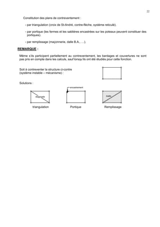 22
Constitution des plans de contreventement :
- par triangulation (croix de St-André, contre-flèche, système reticulé).
- par portique (les fermes et les sablières encastrées sur les poteaux peuvent constituer des
portiques).
- par remplissage (maçonnerie, dalle B.A., …).
REMARQUE :
Même s’ils participent partiellement au contreventement, les bardages et couvertures ne sont
pas pris en compte dans les calculs, sauf lorsqu’ils ont été étudiés pour cette fonction.
Soit à contreventer la structure ci-contre
(système instable – mécanisme) :
Solutions :
triangulation Portique Remplissage
encastrement
diagonale bielle
 