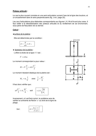 50
Poteau articulé :
Le cas le plus courant consiste en une semi-articulation suivant l’axe de la ligne des boulons, et
un encastrement dans le sens perpendiculaire (fig. J et L page 25).
Les cas d’articulations plus élaborées correspondants aux figures I, K, M et N sont plus rares. Il
faut veiller à la désolidarisation des poteaux articulés et du revêtement de sol environnant,
sous peine de fissuration de ce dernier.
Calcul :
surface de la platine :
Elle est déterminée par la condition :
b
ba
N −
≤= σσ
.
épaisseur de la platine :
L’effort à droite de la ligne 1.1 est :
ubF ..σ=
Le moment correspondant a pour valeur :
2
..
2
.
2
U
b
U
FM σ==
Le moment résistant élastique de la platine est :
V
M ee
1
σ= avec
6
1 2
bt
V
=
Il faut donc vérifier que :
62
22
btU
ab eσ≤ , soit
e
Ut
σ
σ3
≥
Inversement, si t est fixé à priori, le problème sera de
vérifier la contrainte de flexion σ au droit de la ligne de
pliage.
Soit :
2
3






≤
U
teσ
σ
N centré
 