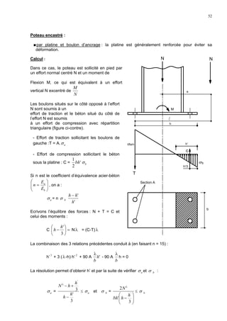 52
Poteau encastré :
par platine et boulon d’ancrage : la platine est généralement renforcée pour éviter sa
déformation.
Calcul :
Dans ce cas, le poteau est sollicité en pied par
un effort normal centré N et un moment de
Flexion M, ce qui est équivalent à un effort
vertical N excentré de
N
M
Les boulons situés sur le côté opposé à l’effort
N sont soumis à un
effort de traction et le béton situé du côté de
l’effort N est soumis
à un effort de compression avec répartition
triangulaire (figure ci-contre).
- Effort de traction sollicitant les boulons de
gauche :T = A. aσ
- Effort de compression sollicitant le béton
sous la platine : C = '
2
1
bh bσ
Si n est le coefficient d’équivalence acier-béton






=
b
a
E
E
n , on a :
aσ = n bσ
'
'
h
hh −
Ecrivons l’équilibre des forces : N + T = C et
celui des moments :
C =





−
3
'h
h N λ = (C-T)λ
La combinaison des 3 relations précédentes conduit à (en faisant n = 15) :
h’ 3
+ 3 (λ-h) h’ 2
+ 90 A 'h
b
λ
- 90 A
b
λ
h = 0
La résolution permet d’obtenir h’ et par la suite de vérifier aσ et bσ :
aσ =
3
'
3
'
h
h
h
hN
−
+−λ
≤ aσ et bσ =






−
3
'
2
'
h
hbh
Nλ
≤ bσ
l
Section A
b
T
h'/3
h'
c
σb
σa/n
h
M
e
NN
 