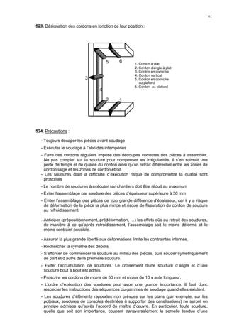 61
523. Désignation des cordons en fonction de leur position :
524. Précautions :
- Toujours décaper les pièces avant soudage
- Exécuter le soudage à l’abri des intempéries
- Faire des cordons réguliers impose des découpes correctes des pièces à assembler.
Ne pas compter sur la soudure pour compenser les irrégularités, il s’en suivrait une
perte de temps et de qualité du cordon ainsi qu’un retrait différentiel entre les zones de
cordon large et les zones de cordon étroit.
- Les soudures dont la difficulté d’exécution risque de compromettre la qualité sont
proscrites
- Le nombre de soudures à exécuter sur chantiers doit être réduit au maximum
- Eviter l’assemblage par soudure des pièces d’épaisseur supérieure à 30 mm
- Eviter l’assemblage des pièces de trop grande différence d’épaisseur, car il y a risque
de déformation de la pièce la plus mince et risque de fissuration du cordon de soudure
au refroidissement.
- Anticiper (prépositionnement, prédéformation, …) les effets dûs au retrait des soudures,
de manière à ce qu’après refroidissement, l’assemblage soit le moins déformé et le
moins contraint possible.
- Assurer la plus grande liberté aux déformations limite les contraintes internes.
- Rechercher la symétrie des dépôts
- S’efforcer de commencer la soudure au milieu des pièces, puis souder symétriquement
de part et d’autre de la première soudure.
- Eviter l’accumulation de soudures. Le croisement d’une soudure d’angle et d’une
soudure bout à bout est admis.
- Proscrire les cordons de moins de 50 mm et moins de 10 x a de longueur.
- L’ordre d’exécution des soudures peut avoir une grande importance. Il faut donc
respecter les instructions des séquences ou gammes de soudage quand elles existent.
- Les soudures d’éléments rapportés non prévues sur les plans (par exemple, sur les
poteaux, soudures de consoles destinées à supporter des canalisations) ne seront en
principe admises qu’après l’accord du maître d’œuvre. En particulier, toute soudure,
quelle que soit son importance, coupant transversalement la semelle tendue d’une
5 6
3
4
2 1
1. Cordon à plat
2. Cordon d'angle à plat
3. Cordon en corniche
4. Cordon vertical
5. Cordon en corniche
au plafond
5. Cordon au plafond
 