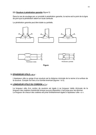66
2.5. Soudure à pénétration garantie (figure 5)
Dans le cas de soudage par un procédé à pénétration garantie, la racine est le point de la ligne
de joint que la pénétration atteint en toute certitude.
La pénétration garantie peut être totale ou partielle.
3. EPAISSEUR UTILE « a » :
L’épaisseur utile ou gorge d’une soudure est la distance minimale de la racine à la surface de
la soudure. Compte non tenu d’un bombé éventuel (figures 1 à 5).
4. LONGUEUR UTILE DU CORDON « / » :
La longueur utile d’un cordon de soudure est égale à sa longueur réelle diminuée de la
longueur des cratères d’extrémité lorsque aucune disposition n’est prise pour les éliminer.
La longueur de chacun des cratères est prise forfaitairement égale à l’épaisseur utile « a ».
a a
o
a
o
a a
o o
o
a
a
a
a
o
o
Pénétration totale Pénétration partielle
Figure
 