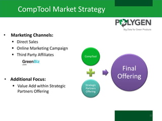 CompTool Market Strategy
•

Marketing Channels:
 Direct Sales
 Online Marketing Campaign
 Third Party Affiliates

CompTool

Final
Offering

• Additional Focus:
 Value Add within Strategic
Partners Offering

Strategic
Partners
Offering

12

 