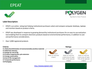 EPEAT

Label Description:
•

EPEAT is an online rating tool helping institutional purchasers select and compare computer desktops, laptops
and monitors based on product criteria.

•

EPEAT was developed in response to growing demand by institutional purchasers for an easy-to-use evaluation
tool enabling them to compare electronic products based on environmental performance, in addition to cost
and performance considerations.

•

Over 3,000 registered products

Criteria:

Ratings:

4.1 Reduction/elimination of environmentally sensitive materials
4.2 Materials selection
4.3 Design for end of life
4.4 Product longevity/life cycle extension
4.5 Energy conservation
4.6 End of life management
4.7 Corporate performance
4.8 Packaging

http://www.epeat.net/

30

 