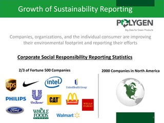 Growth of Sustainability Reporting

Companies, organizations, and the individual consumer are improving
their environmental footprint and reporting their efforts

Corporate Social Responsibility Reporting Statistics
2/3 of Fortune 500 Companies

2000 Companies in North America

4

 