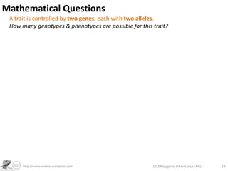 Global Evolution of Skin ColourMap of global skin colour distribution from:http://en.wikipedia.org/wiki/Human_skin_colorWhat are the advantages of:a. Dark skin in hot climates?b. Pale skin in cold climates?Protection against UV and therefore skin damage and cancer.Increased production of vitamin D in low-sunlight conditions.10.3 Polygenic Inheritance (AHL)18http://sciencevideos.wordpress.com