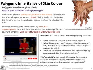 Polygenic Inheritance of Skin ColourPolygenic inheritance gives rise to continuous variation in the phenotype.Globally we observecontinuous variation in skin colours. Skin colour is the result of pigments, such as melanin, being produced - the darker the skin, the greater the protection against the harmful effects of the Sun. Skin colour is though to be controlled by up to four separate genes, each with their own alleles. This is too large for us to deal with simply, so we'll look at two genes with two alleles each. Image from:http://www.danacentre.org.uk/events/2007/05/03/25910.3 Polygenic Inheritance (AHL)5http://sciencevideos.wordpress.com